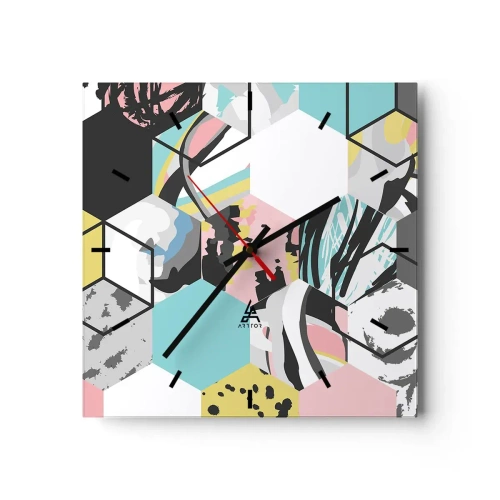 Nástěnné hodiny - Šestiúhelníky a krychle v šesti barvách - 30x30 cm