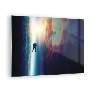 Obraz na skle - Astronaut unášený vesmírem směrem ke světlu - 70x50cm - Tváří v tvář vesmíru - Moderní nástěnná dekorace do obývacího pokoje a ložnice ARTTOR