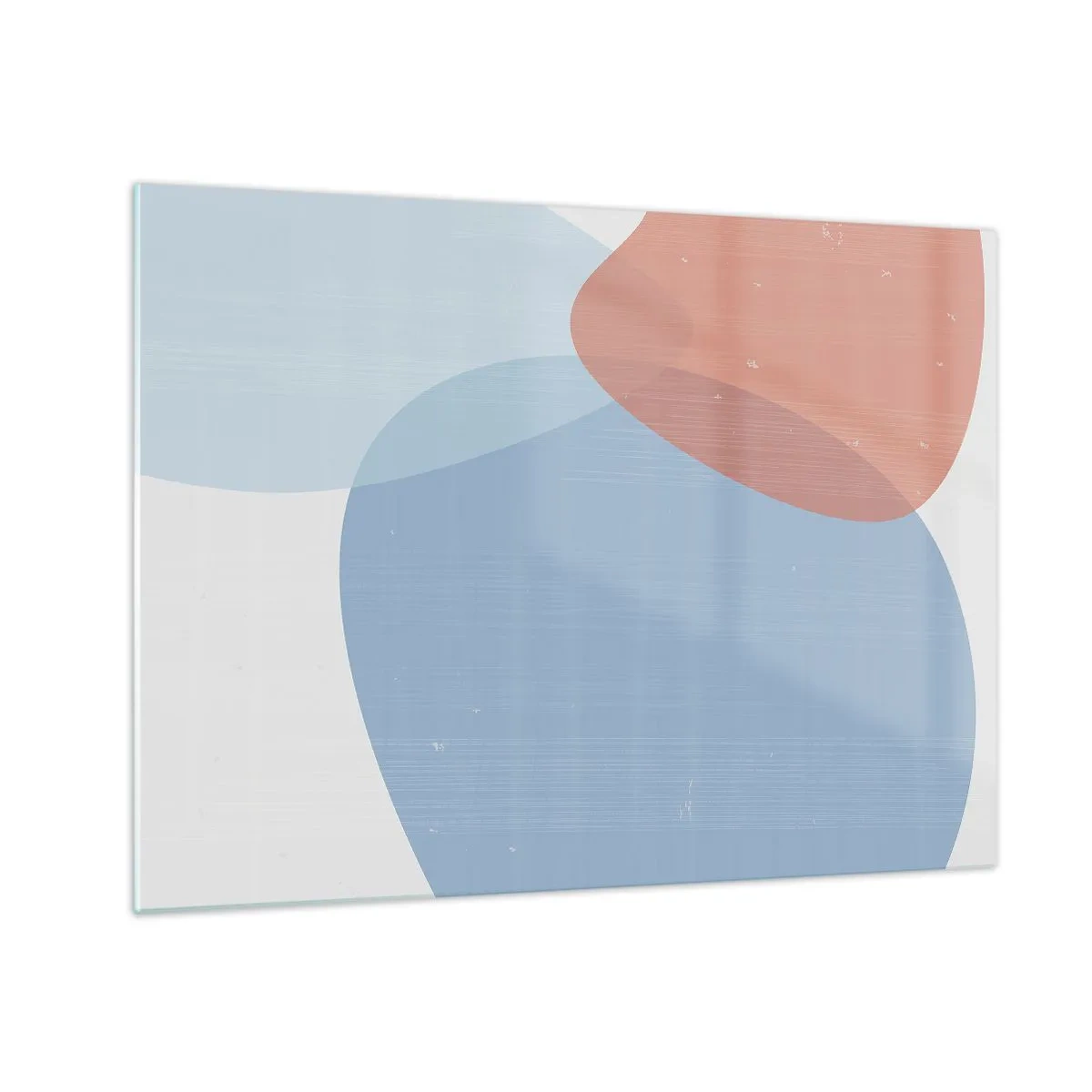 Obraz na skle - Moderní abstrakce s modrými a růžovými tvary - 70x50cm - Pastelové vztahy - Moderní nástěnná dekorace do obývacího pokoje a ložnice ARTTOR