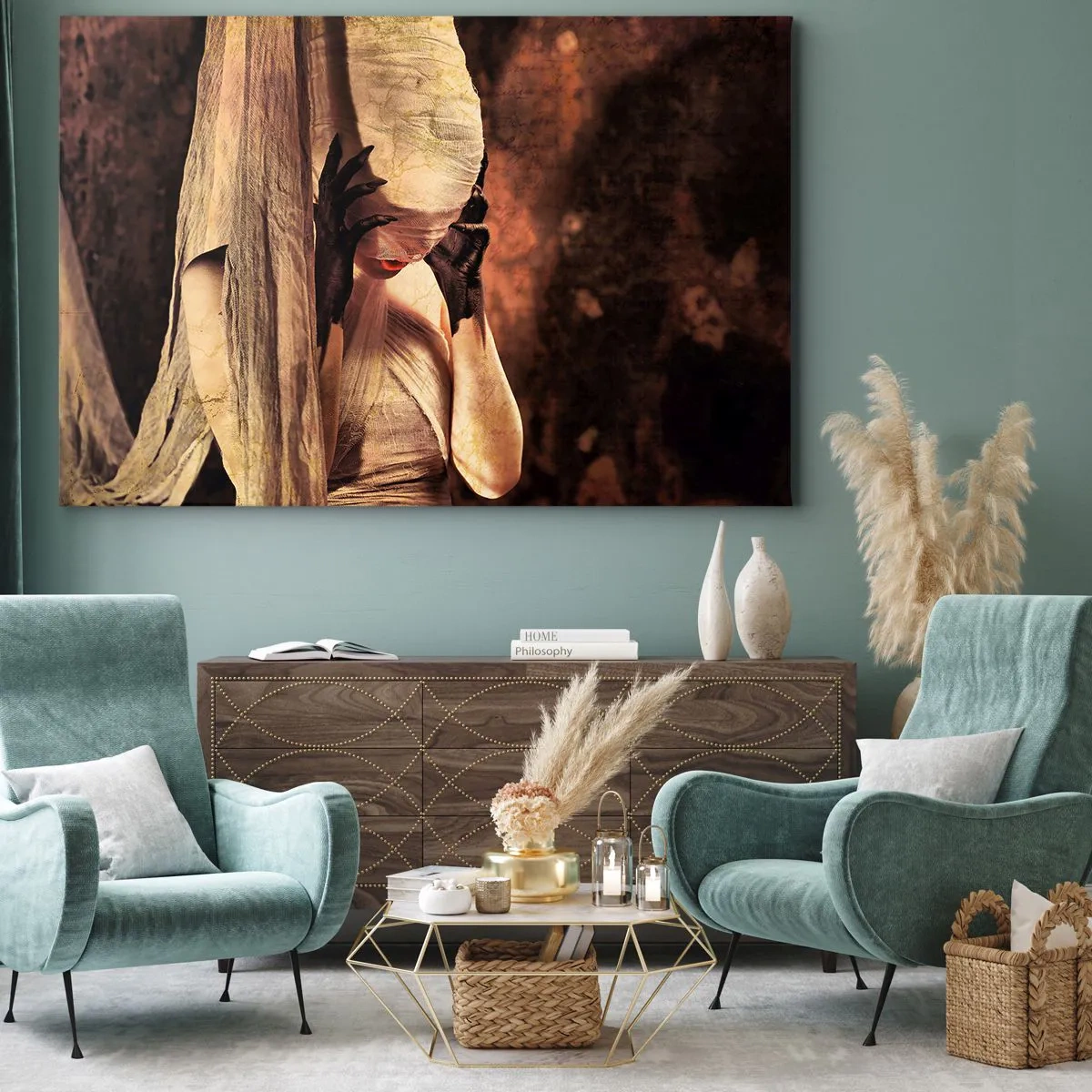 Obraz na plátně - Žena v závoji s tajemným stylem na tmavém pozadí - 70x50cm - Mezi dobrem a zlem - Moderní nástěnná dekorace do obývacího pokoje a ložnice ARTTOR