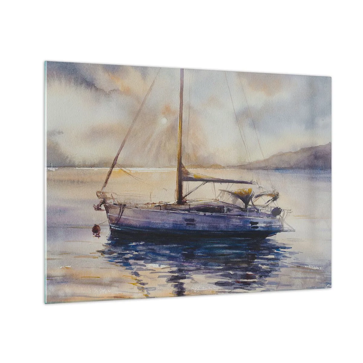 Obraz na skle - Jachta kotvící v klidné zátoce za soumraku - 70x50cm - Večer v zátoce - Moderní nástěnná dekorace do obývacího pokoje a ložnice ARTTOR