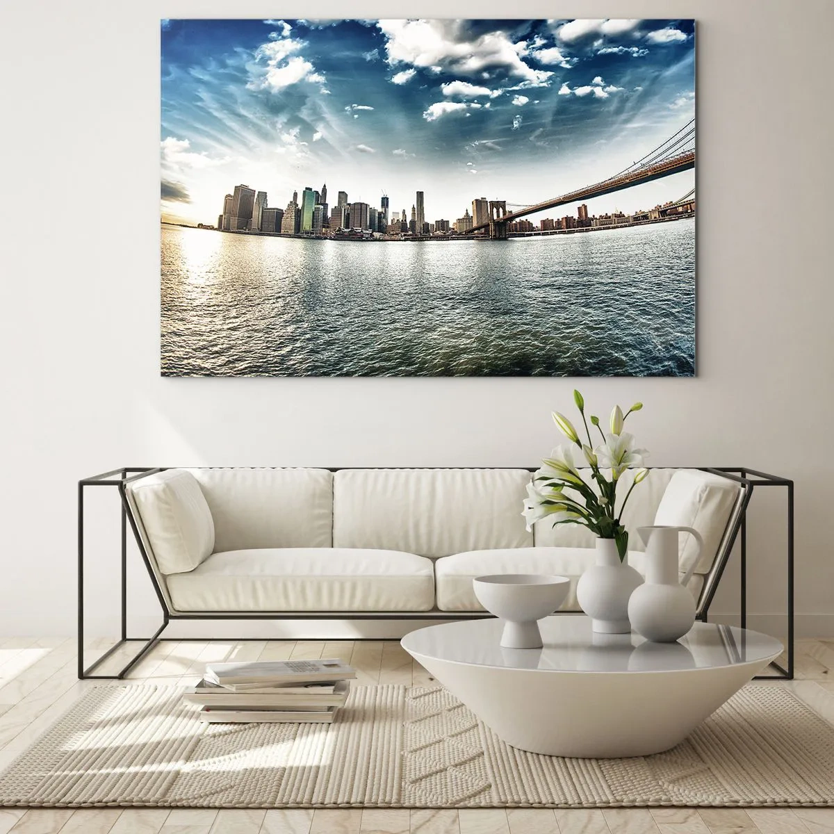 Obraz na skle - Panorama New Yorku s Brooklynským mostem - 70x50cm - Skleněný ostrov - Moderní nástěnná dekorace do obývacího pokoje a ložnice ARTTOR