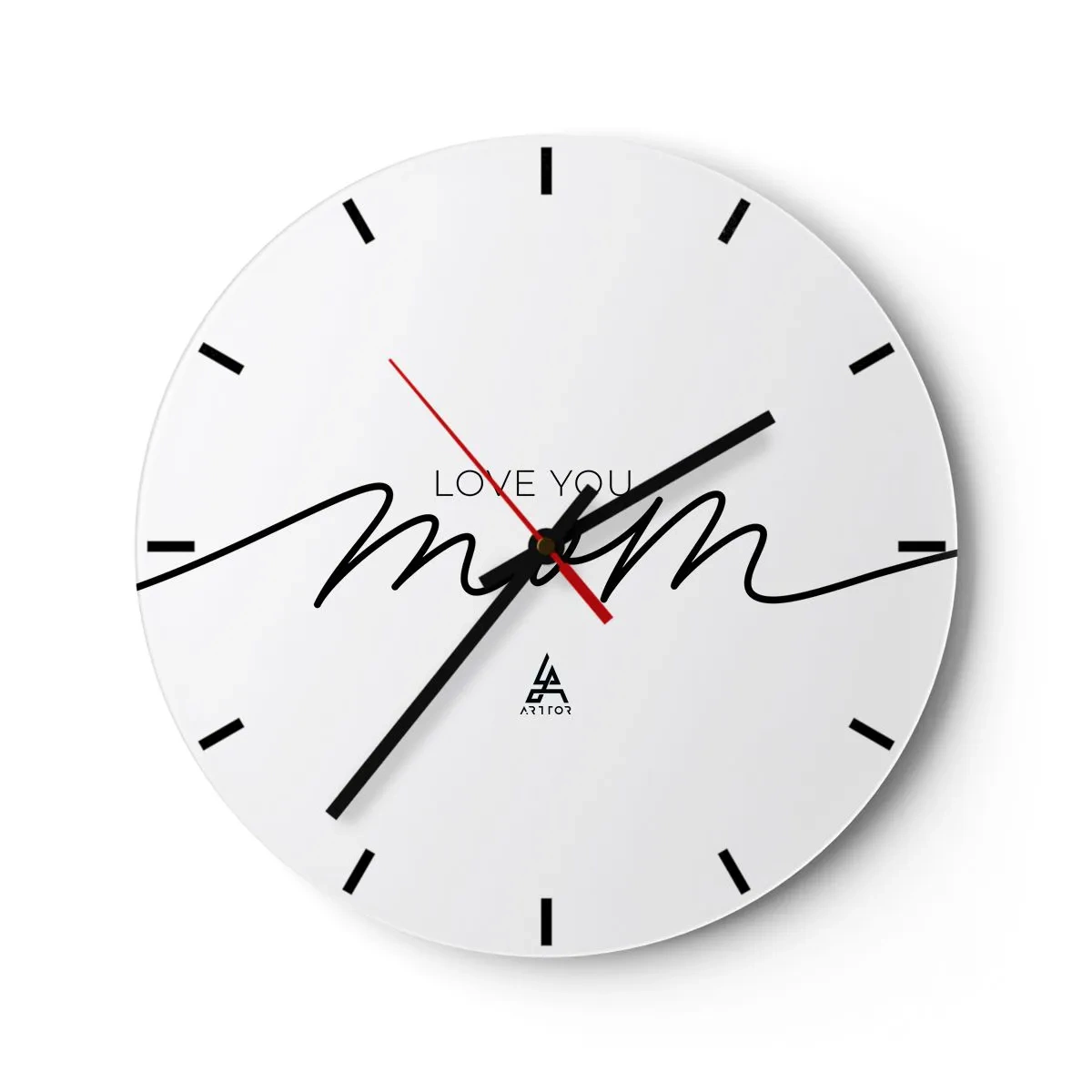 Nástěnné hodiny - Nápis Love You Mom na bílém pozadí v elegantním stylu - 30x30cm - Velké emoce - Moderní nástěnná dekorace do obývacího pokoje, kuchyně a ložnice ARTTOR