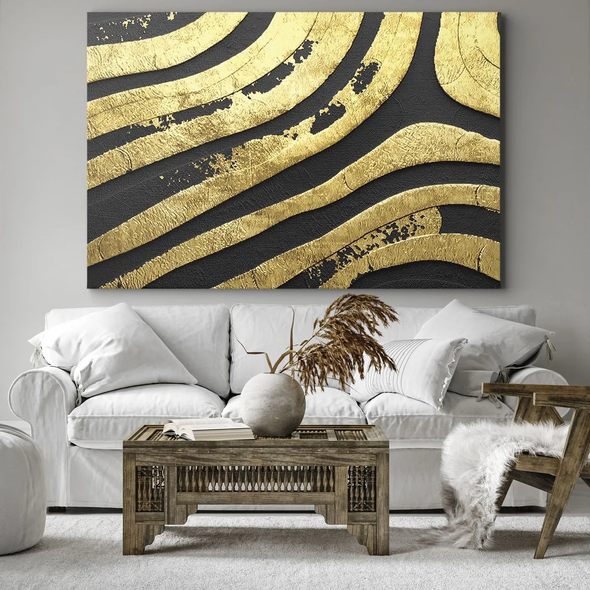 Obraz na plátně - Zlaté abstraktní vlny na černém pozadí - 70x50cm - Vše plyne - Moderní nástěnná dekorace do obývacího pokoje a ložnice ARTTOR