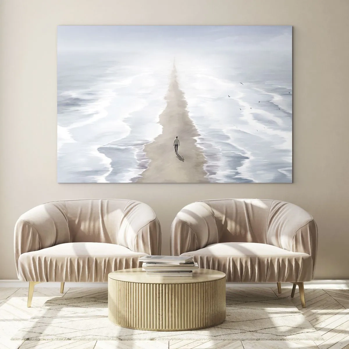 Obraz na skle - Postava kráčející sama k obzoru mezi vlnami - 70x50cm - Světlá budoucnost - Moderní nástěnná dekorace do obývacího pokoje a ložnice ARTTOR
