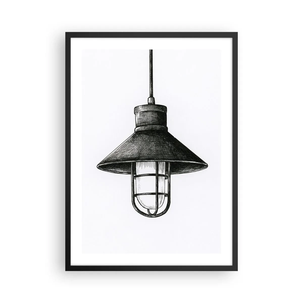 Plakát v černém rámu - Náčrt průmyslové závěsné lampy - 50x70cm - Jako před lety… - Moderní nástěnná dekorace do obývacího pokoje a ložnice ARTTOR