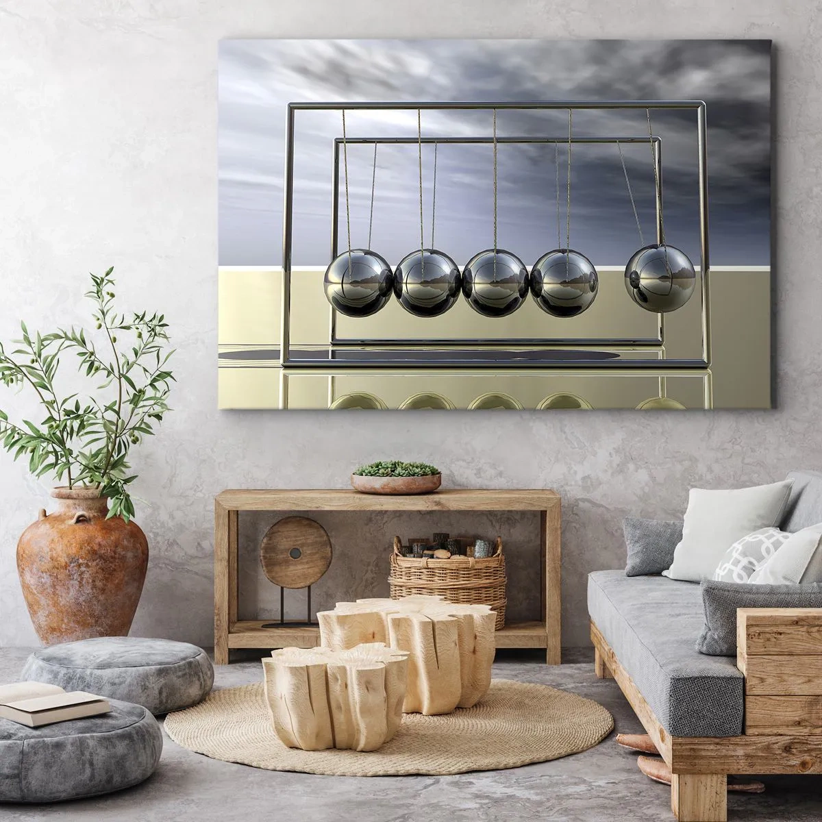 Obraz na plátně - Newtonovy koule v minimalistickém prostředí se světelnými odrazy - 70x50cm - Energie světa - Moderní nástěnná dekorace do obývacího pokoje a ložnice ARTTOR