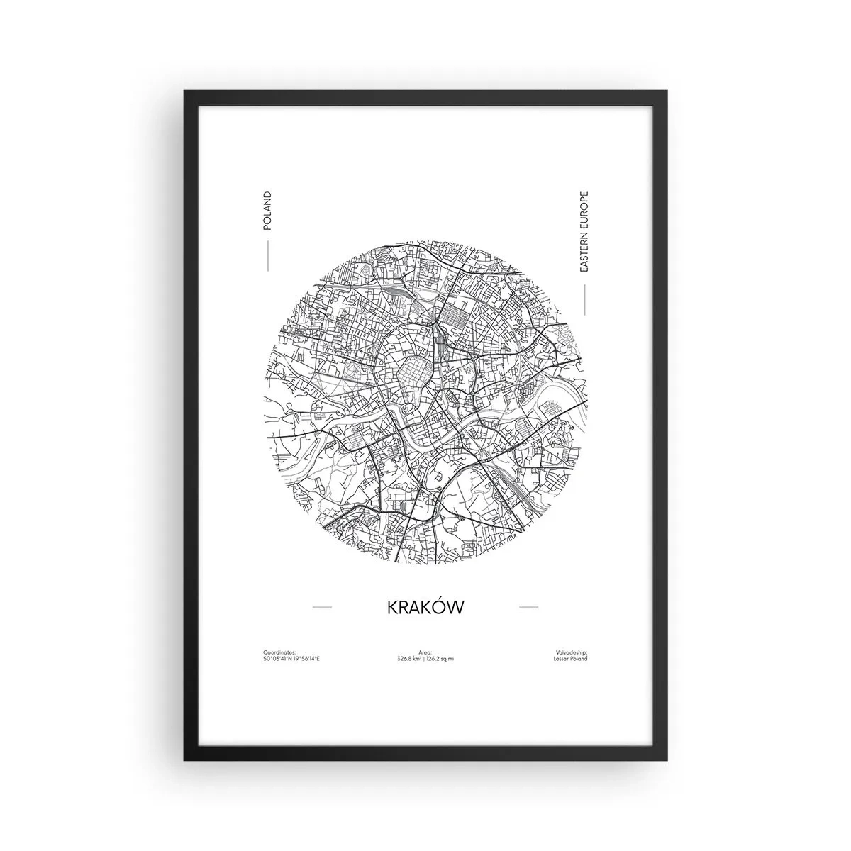 Plakát v černém rámu - Minimalistická mapa Krakova v kruhu - 50x70cm - Anatomie Krakova - Moderní nástěnná dekorace do obývacího pokoje a ložnice ARTTOR