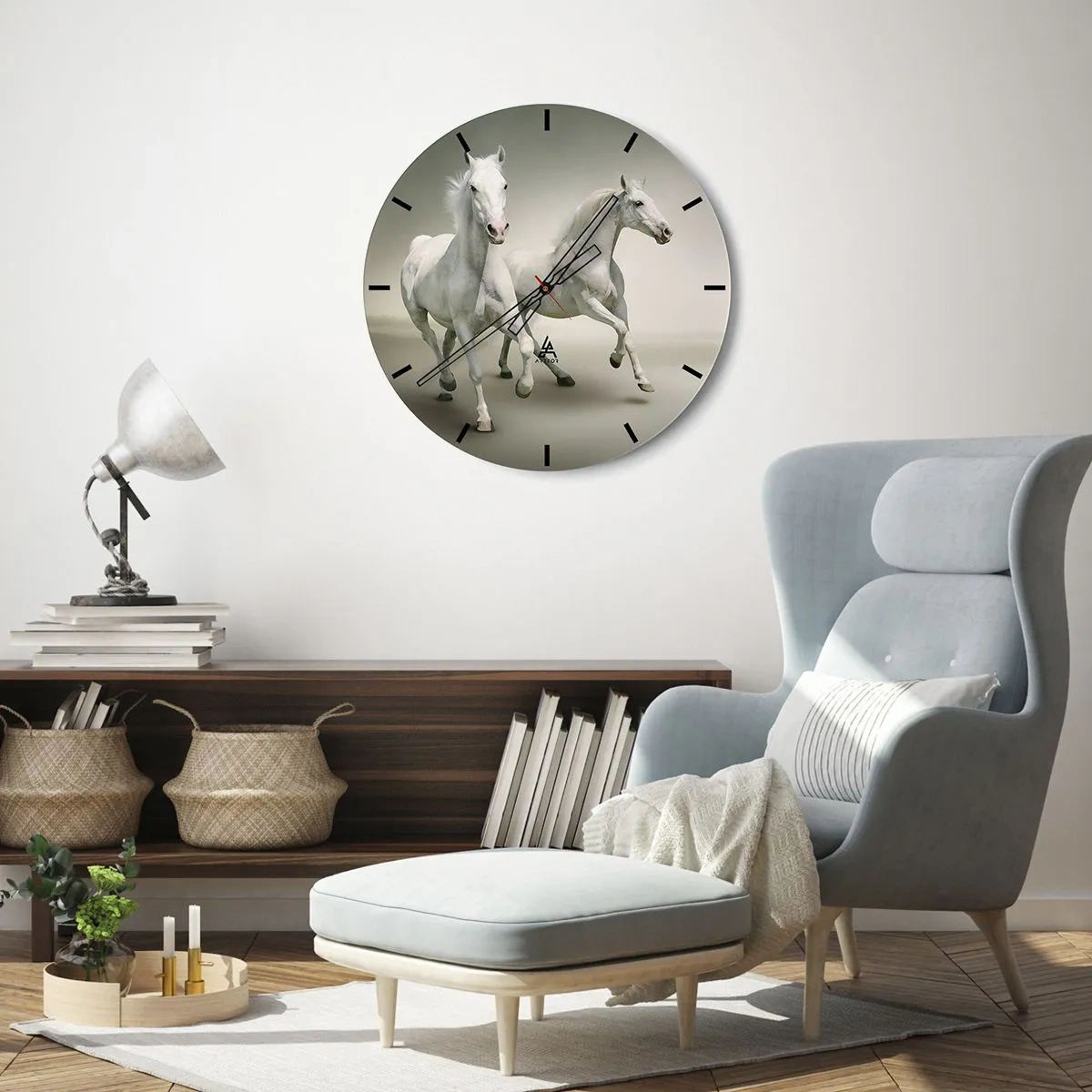 Nástěnné hodiny - Dva bílí koně běžící na světlém pozadí - 30x30cm - White power! - Moderní nástěnná dekorace do obývacího pokoje, kuchyně a ložnice ARTTOR