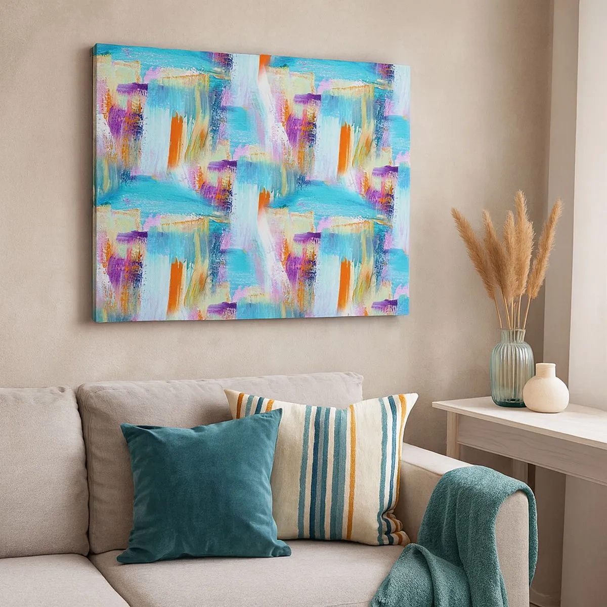 Obraz na plátně - Barevná abstrakce s dynamickými tahy štětcem - 70x50cm - Pohodové střídavé cákance - Moderní nástěnná dekorace do obývacího pokoje a ložnice ARTTOR