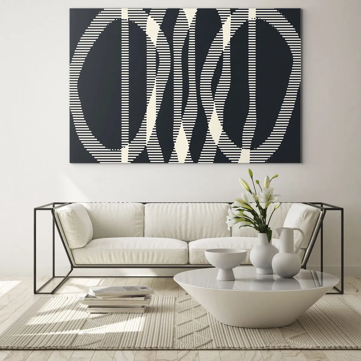 Obraz na skle - Geometrické linie v odstínech černé a béžové - 70x50cm - Pokus o prolomení temnoty - Moderní nástěnná dekorace do obývacího pokoje a ložnice ARTTOR