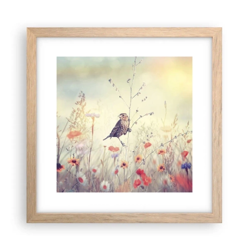 Plakát v rámu světlý dub - Portrét ptáka s loukou v pozadí - 30x30 cm