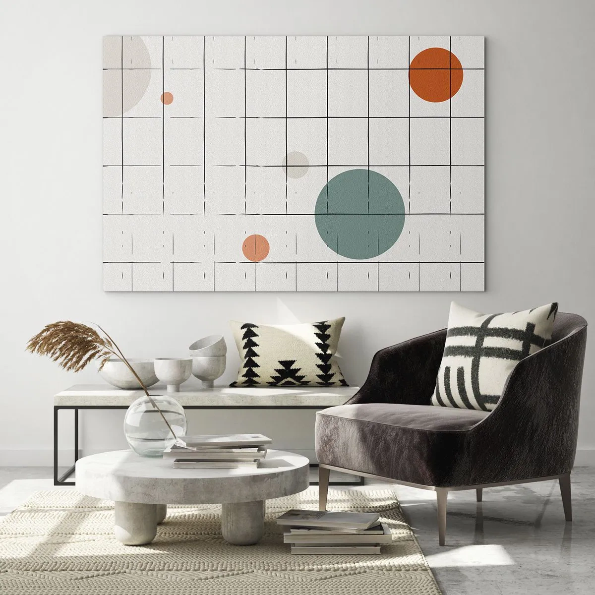 Obraz na skle - Barevné kruhy na geometrické mřížce tenkých čar - 70x50cm - V pasti. My nebo ony? - Moderní nástěnná dekorace do obývacího pokoje a ložnice ARTTOR