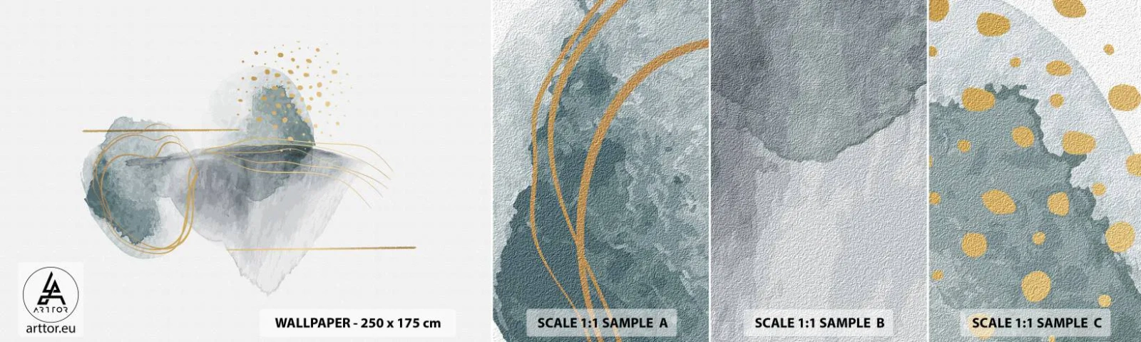 Fototapeta Vzorek Standard Eco - O vztahu mezi šedou a zlatou - Abstrakce, Kus, Zajímavé tvary - 100x30 cm