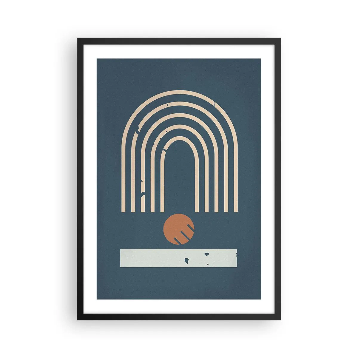 Plakát v černém rámu - Geometrické oblouky a koule na tmavém pozadí - 50x70cm - Geometrie v námořnické modři - Moderní nástěnná dekorace do obývacího pokoje a ložnice ARTTOR