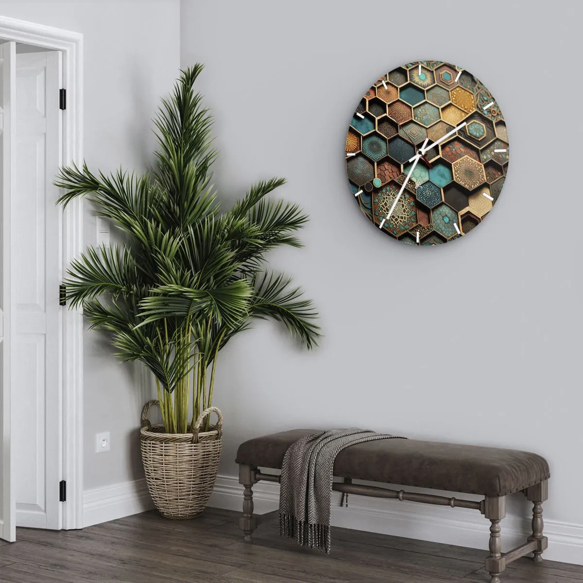 Nástěnné hodiny - Vícebarevné šestiúhelníky s orientálními vzory - 30x30cm - Arabské ornamenty – variace - Moderní nástěnná dekorace do obývacího pokoje, kuchyně a ložnice ARTTOR