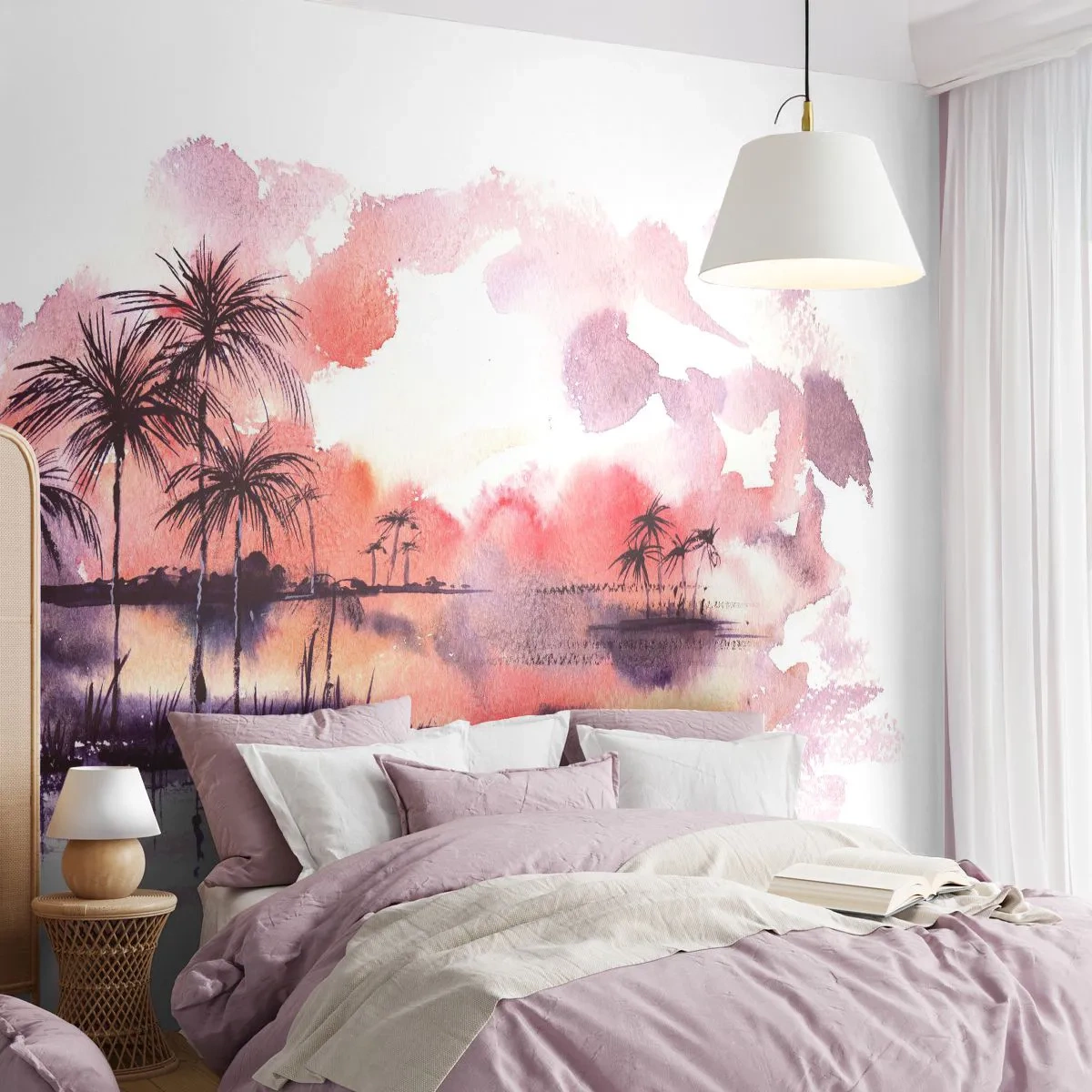 Fototapeta Standard Eco - Západ slunce nad tropickou krajinou v akvarelu - 100x70cm - Klid tropů v červené - Moderní nástěnná dekorace do obývacího pokoje a ložnice ARTTOR