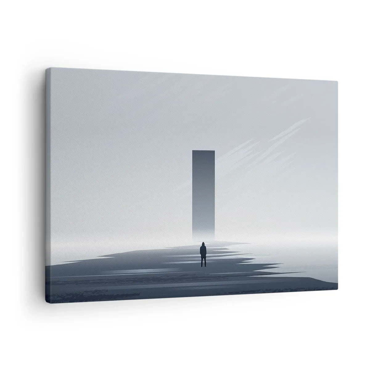 Obraz na plátně - Minimalistická krajina se siluetou vedle obdélníkového monolitu - 70x50cm - Příležitost nebo hrozba? - Moderní nástěnná dekorace do obývacího pokoje a ložnice ARTTOR