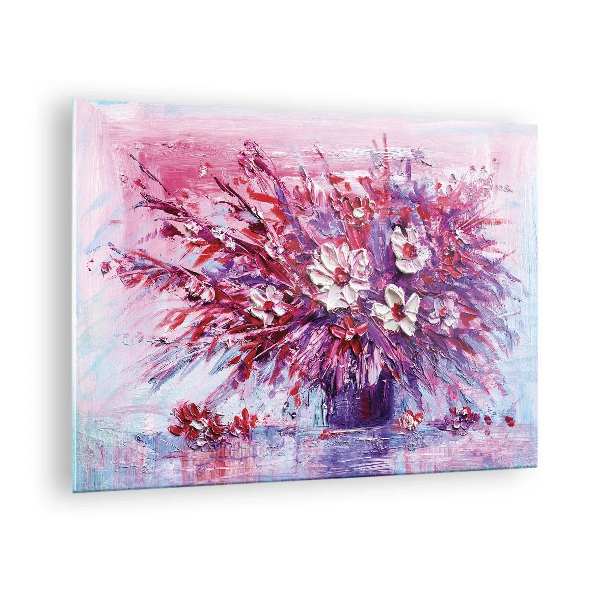 Obraz na skle - Kytice květin v odstínech růžové a fialové - 70x50cm - Nevinnost a vášeň - Moderní nástěnná dekorace do obývacího pokoje a ložnice ARTTOR