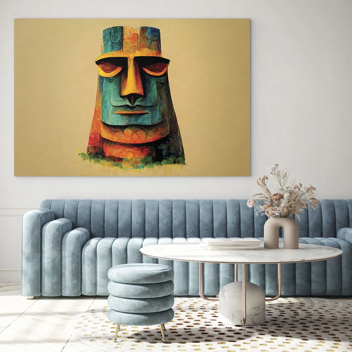 Obraz na skle - Barevný portrét inspirovaný kamennou sochou na béžovém pozadí. - 70x50cm - Sošný, ale sympatický - Moderní nástěnná dekorace do obývacího pokoje a ložnice ARTTOR