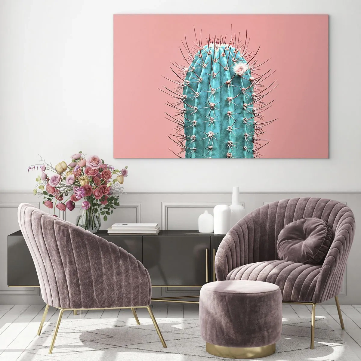 Obraz na skle - Zelený kaktus s trny na růžovém pozadí - 70x50cm - Jen koukej - Moderní nástěnná dekorace do obývacího pokoje a ložnice ARTTOR