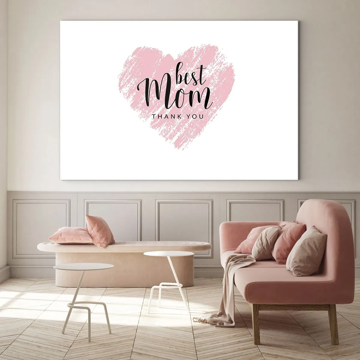 Obraz na skle - Růžové srdce s nápisem „Nejlepší maminka“ na bílém pozadí - 70x50cm - Vždy pravá chvíle - Moderní nástěnná dekorace do obývacího pokoje a ložnice ARTTOR