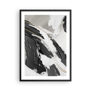 Plakát v černém rámu - Abstraktní tahy štětcem v černé, bílé a zlaté barvě - 50x70cm - Velkorysá abstrakce - Moderní nástěnná dekorace do obývacího pokoje a ložnice ARTTOR