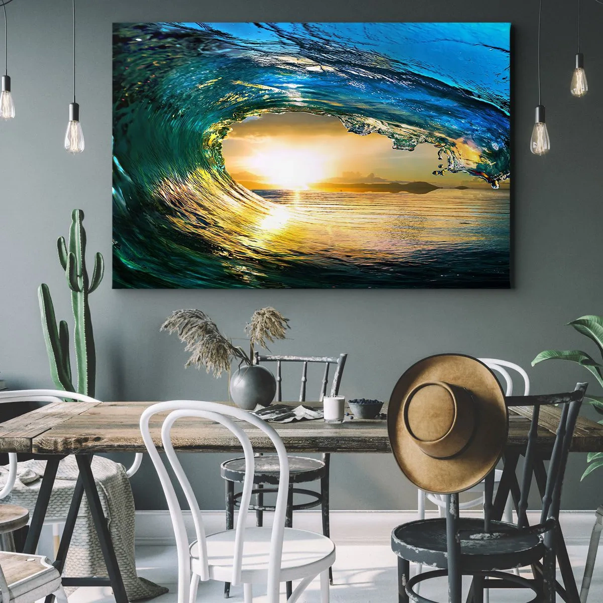 Obraz na plátně - Oceánské vlny na slunci s výhledem na horizont - 70x50cm - Ve smaragdově-zlatém křišťálu - Moderní nástěnná dekorace do obývacího pokoje a ložnice ARTTOR