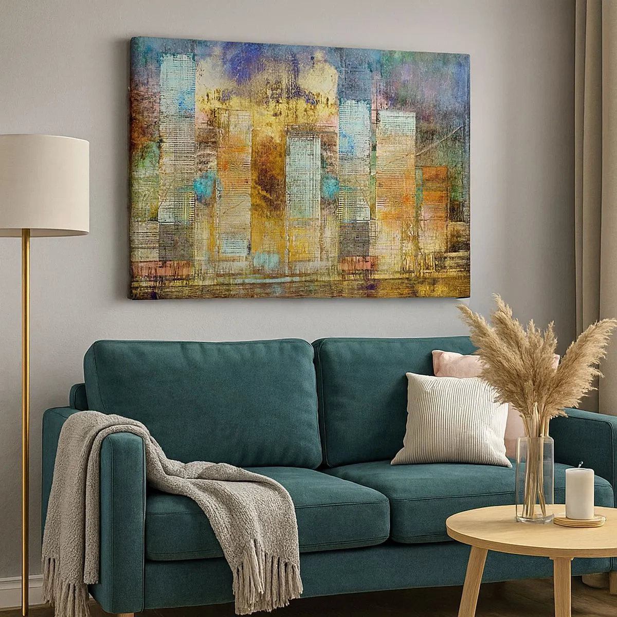 Obraz na plátně - Abstraktní mrakodrapy v industriálním stylu - 70x50cm - Prosluněná metropole - Moderní nástěnná dekorace do obývacího pokoje a ložnice ARTTOR