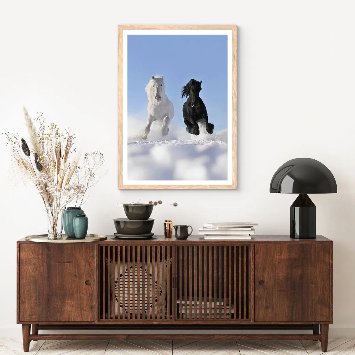 Plakát v rámu světlý dub - Černo-bílý cval - 70x100 cm