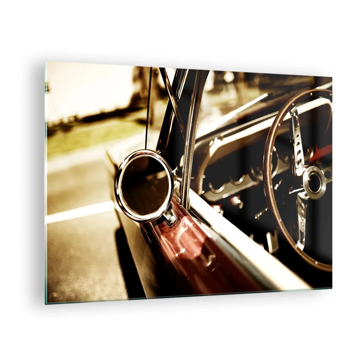 Obraz na skle - Interiér klasického vozu v retro stylu - 70x50cm - Auto s duší - Moderní nástěnná dekorace do obývacího pokoje a ložnice ARTTOR