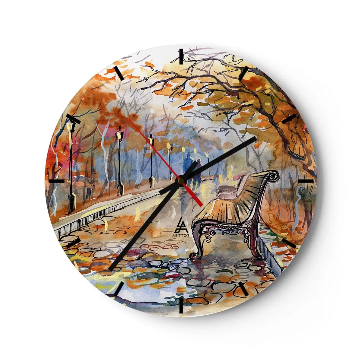 Nástěnné hodiny - Podzimní park s lavičkou ve stylu akvarelu - 30x30cm - Společně putovat podzimem - Moderní nástěnná dekorace do obývacího pokoje, kuchyně a ložnice ARTTOR