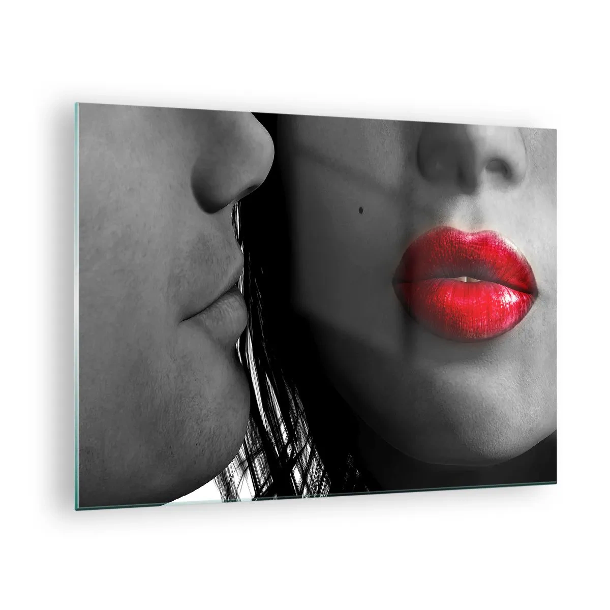 Obraz na skle - Smyslné rty v kontrastním záběru - 70x50cm - Tvář u tváře  - Moderní nástěnná dekorace do obývacího pokoje a ložnice ARTTOR