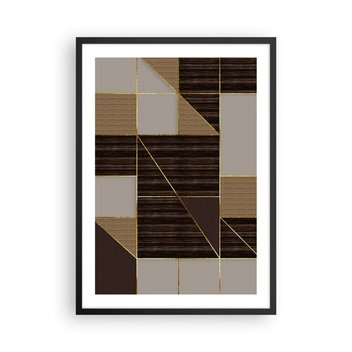 Plakát v černém rámu - Geometrická kompozice v hnědých a zlatých odstínech - 50x70cm - Mozaika hnědé a zlaté - Moderní nástěnná dekorace do obývacího pokoje a ložnice ARTTOR