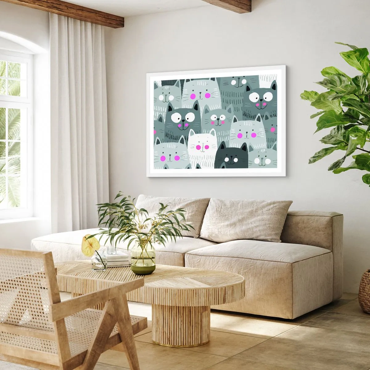 Plakát v bílém rámu - Kočičí svět - 100x70 cm