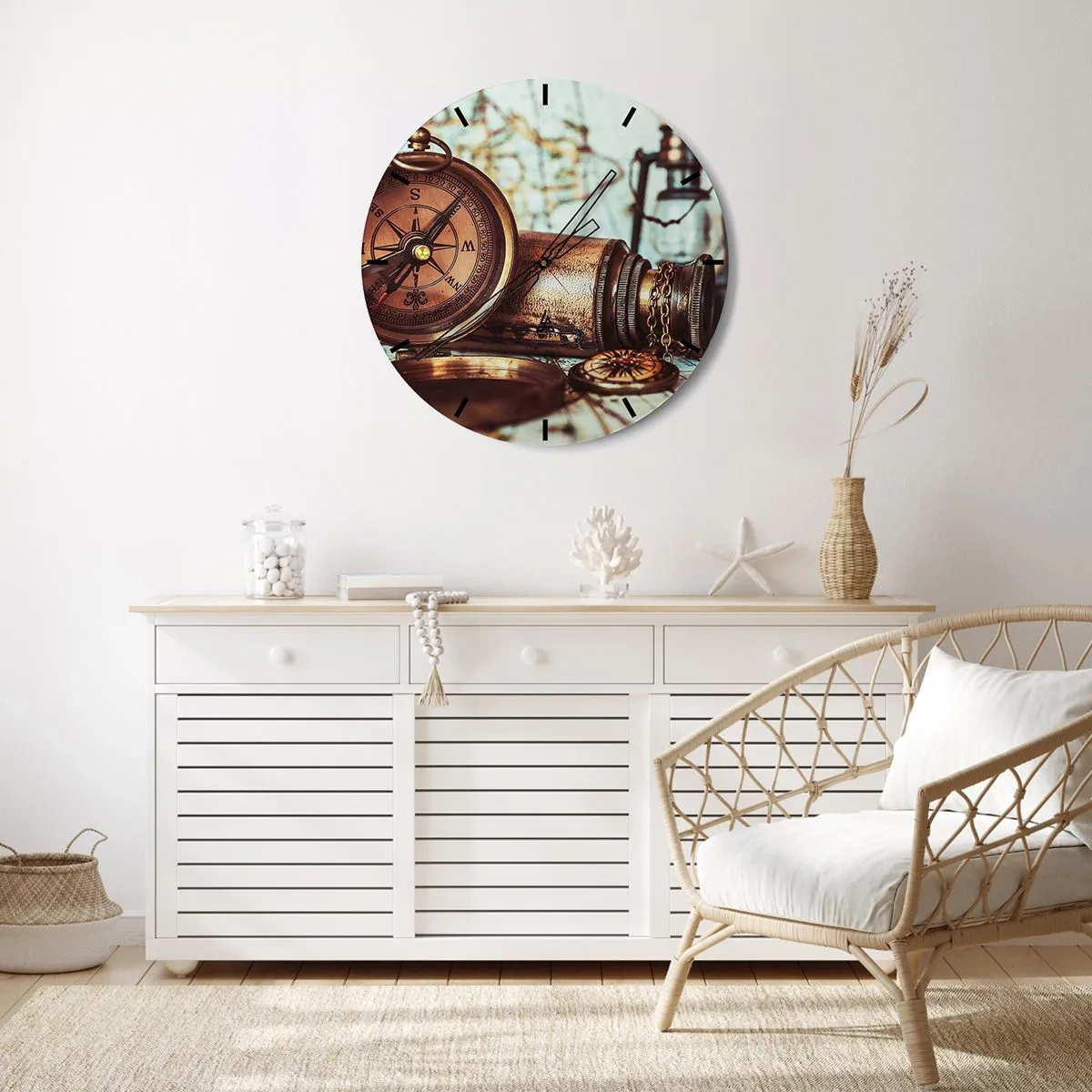Nástěnné hodiny - Vintage kompas a dalekohled - 30x30cm - Pirátské dobrodružství v Karibiku čeká - Moderní nástěnná dekorace do obývacího pokoje, kuchyně a ložnice ARTTOR