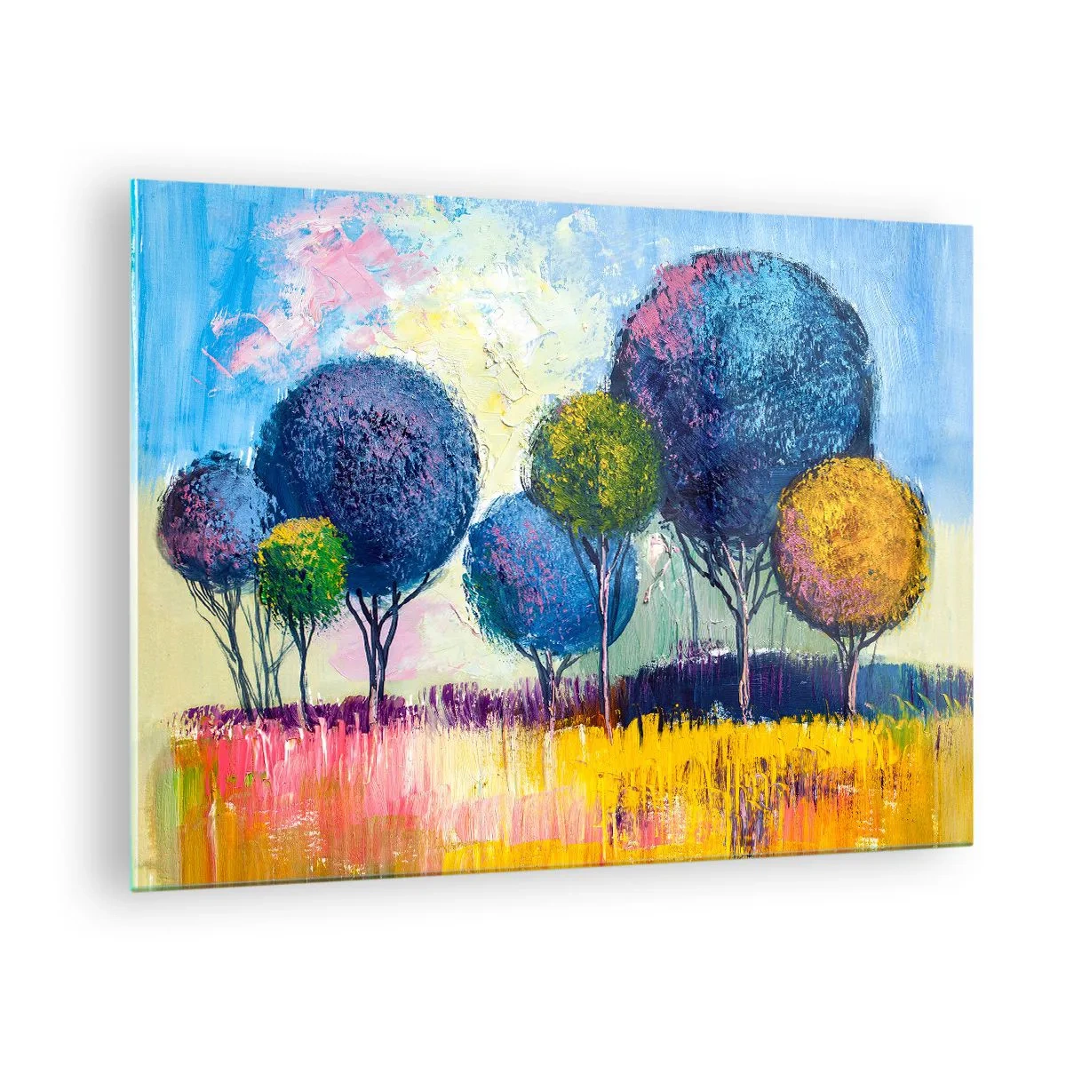Obraz na skle - Barevné stromy na pozadí abstraktní krajiny - 70x50cm - Koule - tvar ideálu - Moderní nástěnná dekorace do obývacího pokoje a ložnice ARTTOR