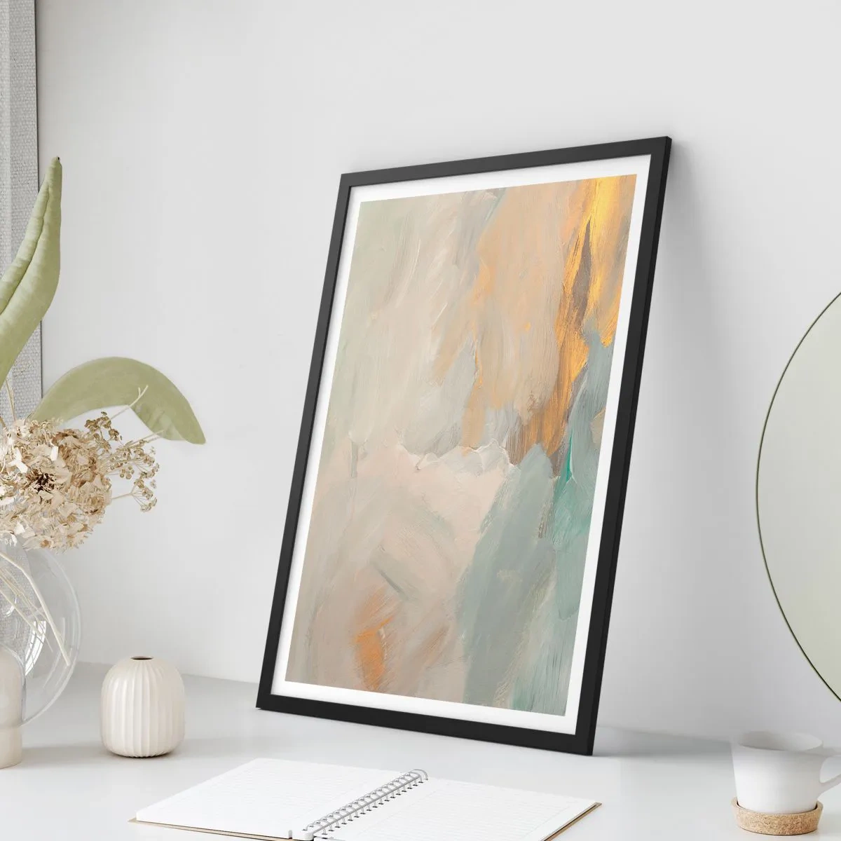 Plakát v černém rámu - Abstraktní malířská kompozice v pastelových odstínech - 50x70cm - Abstrakce – krajina něhy - Moderní nástěnná dekorace do obývacího pokoje a ložnice ARTTOR