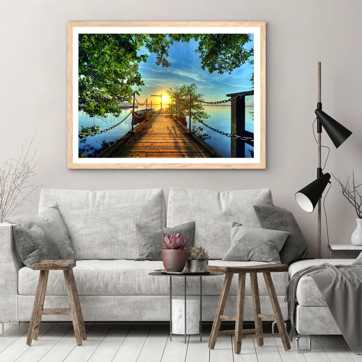Plakát v rámu světlý dub - Západ u vody - 91x61 cm