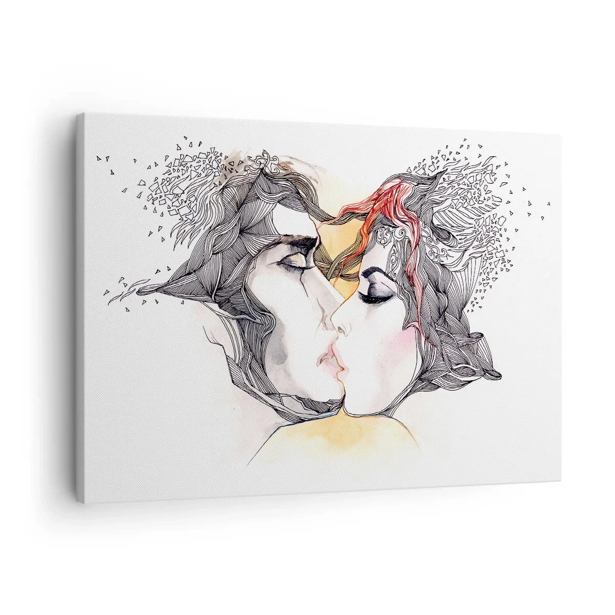 Obraz na plátně - Umělecký portrét páru s abstraktními motivy ve vlasech - 70x50cm - Svět neexistuje - Moderní nástěnná dekorace do obývacího pokoje a ložnice ARTTOR