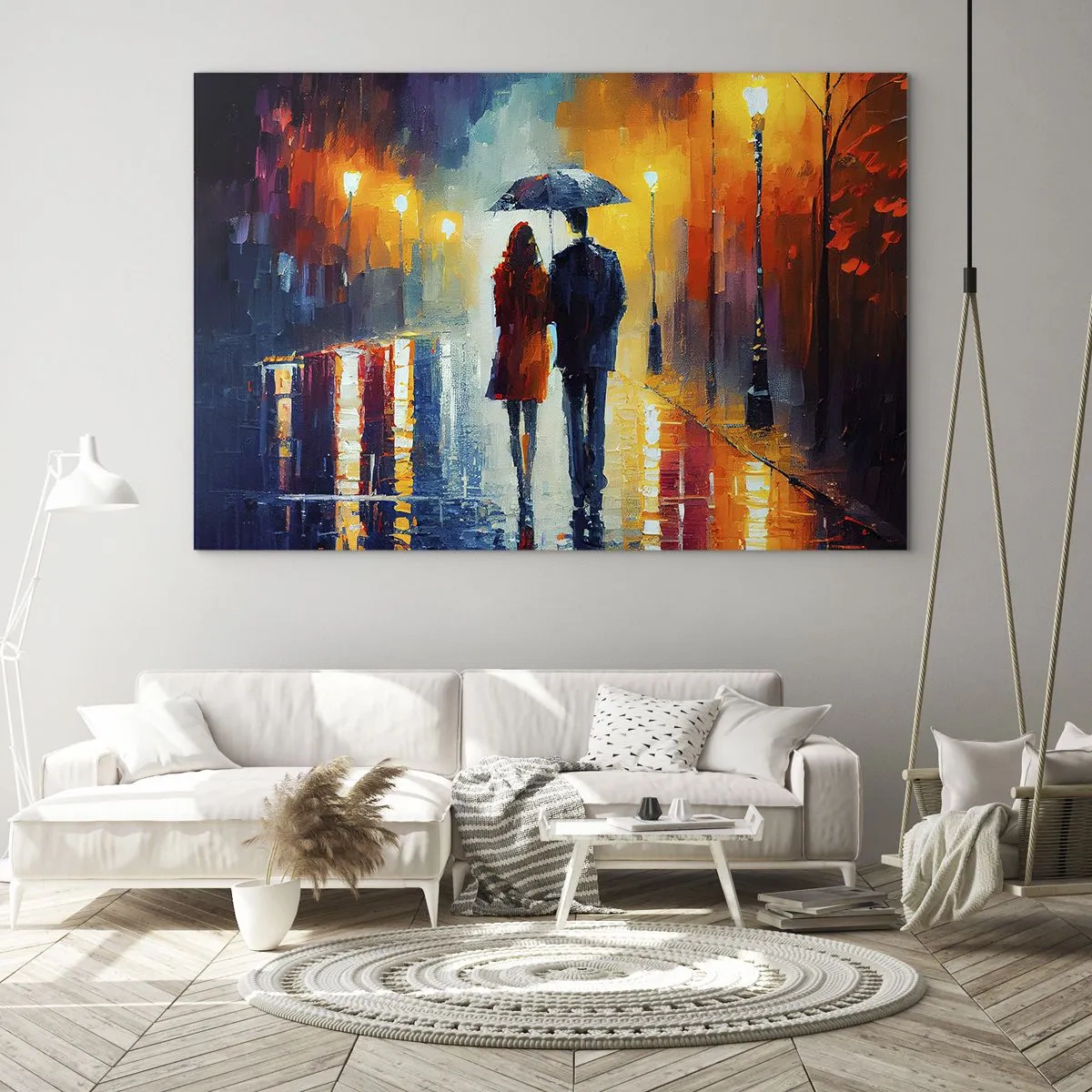 Obraz na skle - Pár pod deštníkem na barevné noční ulici v dešti. - 70x50cm - Spolu – barevná noc - Moderní nástěnná dekorace do obývacího pokoje a ložnice ARTTOR