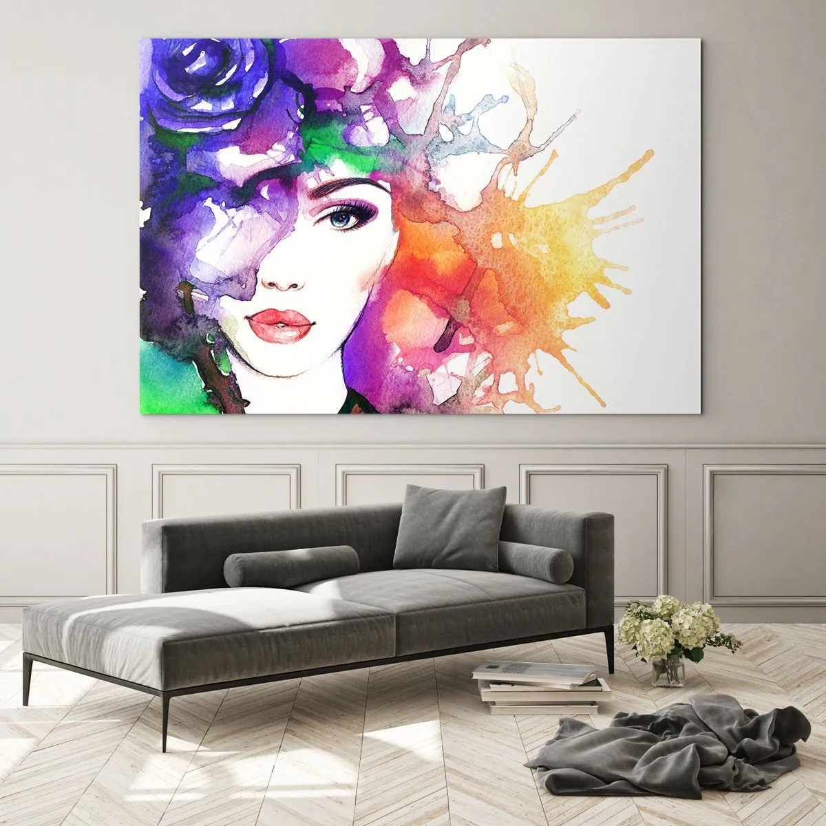 Obraz na skle - Žena s rozmazaným, barevným pozadím ve stylu akvarelu - 70x50cm - S hlavou v oblacích - Moderní nástěnná dekorace do obývacího pokoje a ložnice ARTTOR