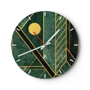 Nástěnné hodiny - Zelené pozadí s geometrickými zlatými čarami a zlatým kruhem - 30x30cm - Dynamika zlata a lazuritu - Moderní nástěnná dekorace do obývacího pokoje, kuchyně a ložnice ARTTOR