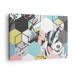 Obraz na plátně - Geometrický šestiúhelníkový vzor s barevnými abstraktními detaily - 70x50cm - Šestiúhelníky a krychle v šesti barvách - Moderní nástěnná dekorace do obývacího pokoje a ložnice ARTTOR