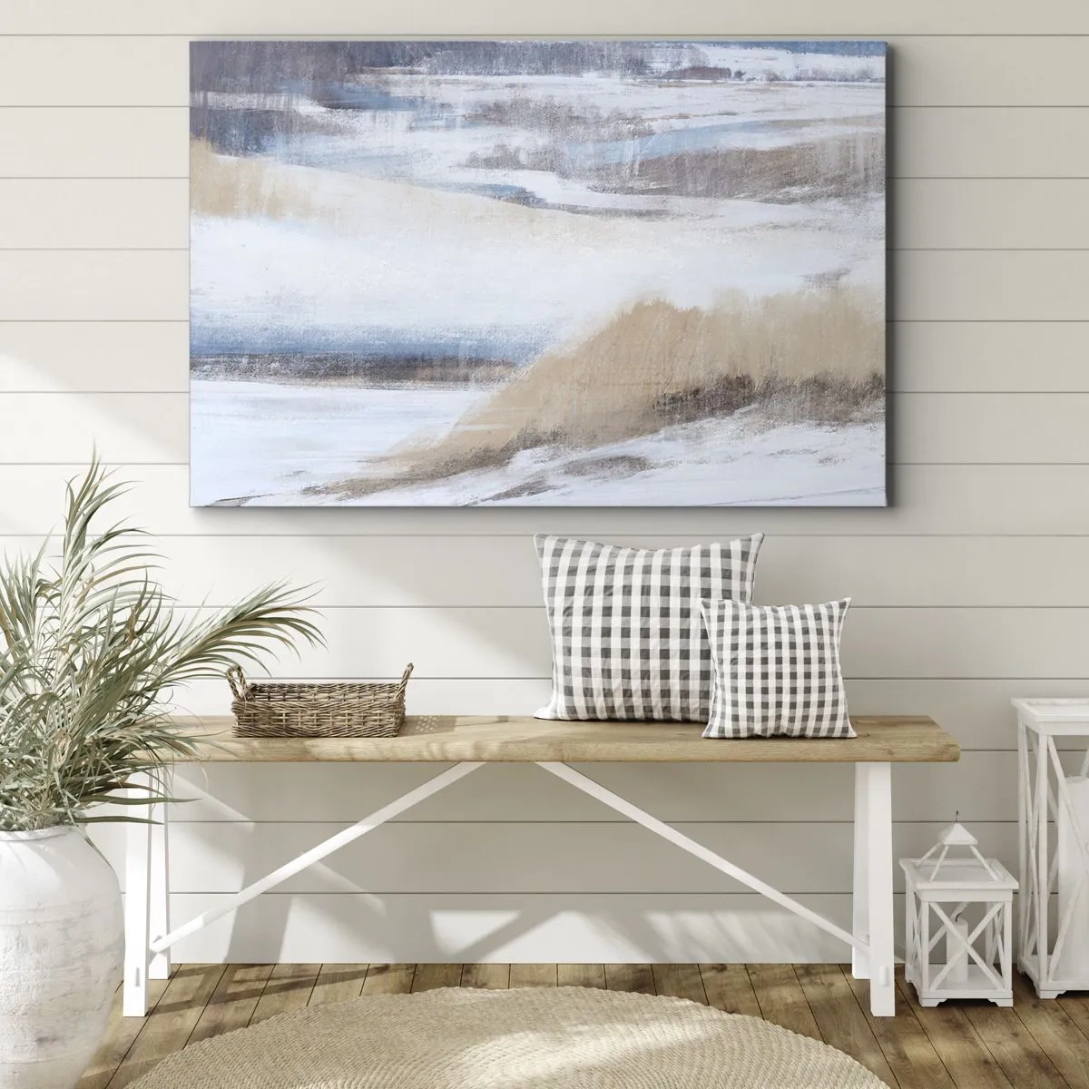 Obraz na plátně - Abstraktní zimní krajina v odstínech bílé a modré - 70x50cm - Zimní kompozice - Moderní nástěnná dekorace do obývacího pokoje a ložnice ARTTOR