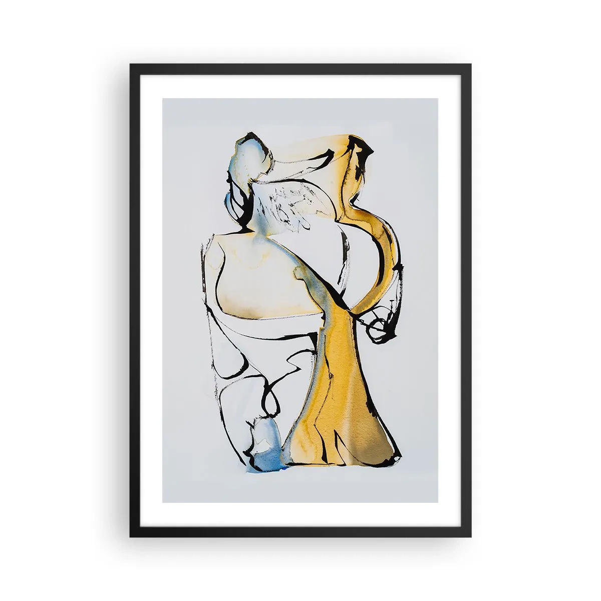 Plakát v černém rámu - Abstraktní postava v černé, žluté a modré barvě, vyjadřující pohyb a emoce. - 50x70cm - Skleněná abstrakce - Moderní nástěnná dekorace do obývacího pokoje a ložnice ARTTOR