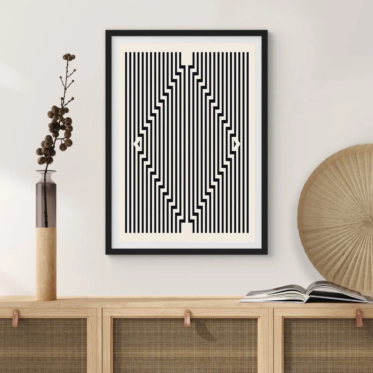 Plakát v černém rámu - Černobílé čáry vytvářející optickou iluzi - 50x70cm - Geometrická iluze - Moderní nástěnná dekorace do obývacího pokoje a ložnice ARTTOR