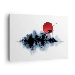 Obraz na plátně - Rudé slunce nad malebnou krajinou s torii - 70x50cm - Japonský pohled - Moderní nástěnná dekorace do obývacího pokoje a ložnice ARTTOR