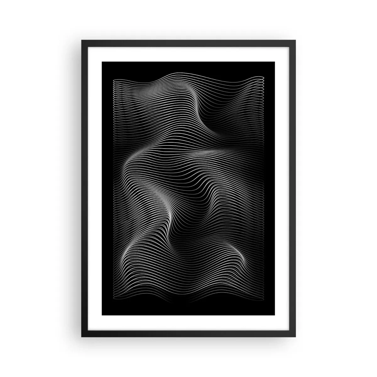 Plakát v černém rámu - Minimalistické vlny v černé a bílé - 50x70cm - Tanec světla v prostoru - Moderní nástěnná dekorace do obývacího pokoje a ložnice ARTTOR