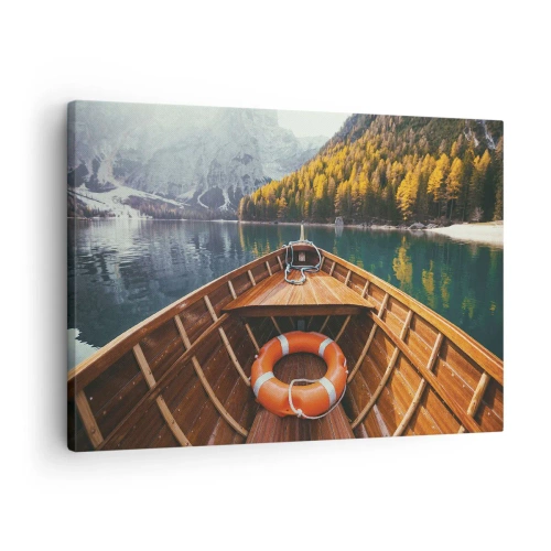 Obraz na plátně - Dřevěná loď na horském jezeře obklopeném lesem - 70x50cm - Horská túra - Moderní nástěnná dekorace do obývacího pokoje a ložnice ARTTOR